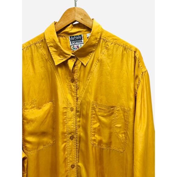Details Express Vintage Silk Blouse Plus Size 24 Mustard Yellow Button Down - Picture 2 of 8